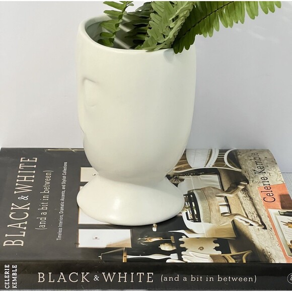 Ceramic Face Head Pedestal Planter Vase Etched 3D White Utensil Crock Organizer - Picture 11 of 17